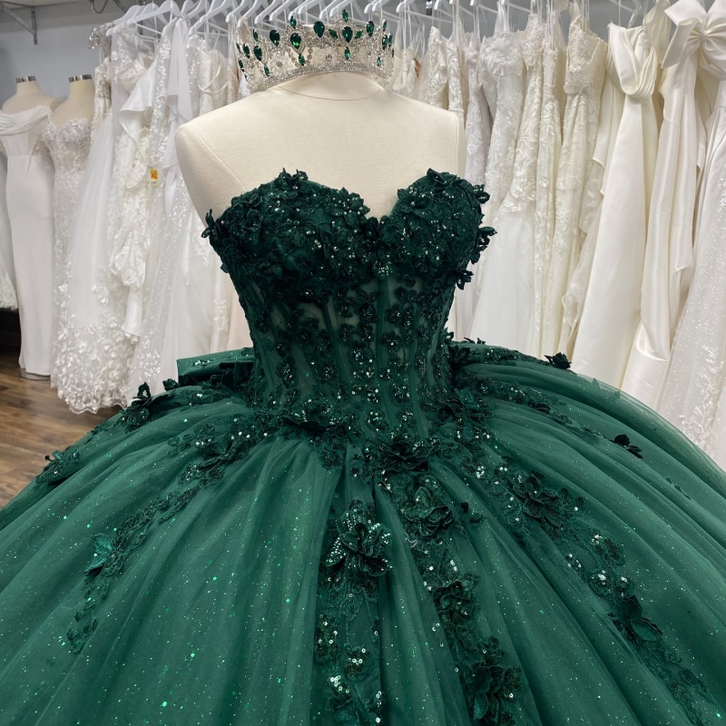 Black Green Shiny Quinceanera Dresses Off The Shoulder Applique Lace Beading Crystal Bow Corset Tull Party Birthday Sweet 16 Dress Vestidos 15 De Anos
