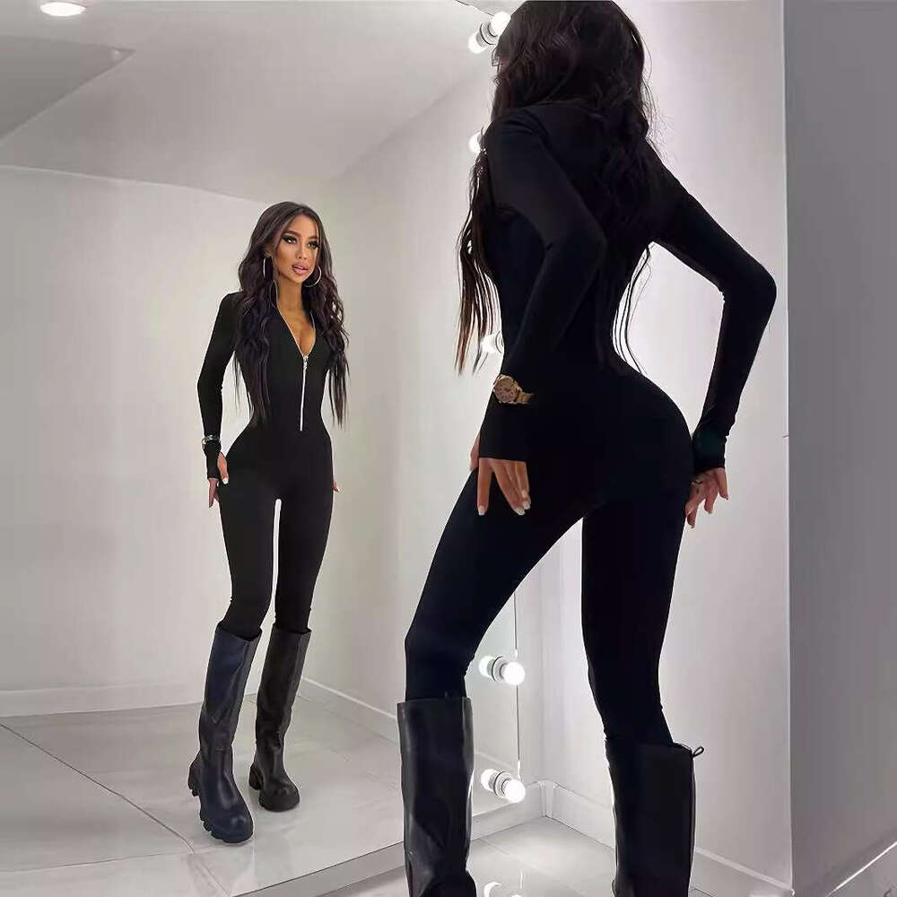 2025 New Cross-Border European and American Style Zipper Slim Fit Jumpsuit Sexy Bodycon Bodysuit Women's Clothing