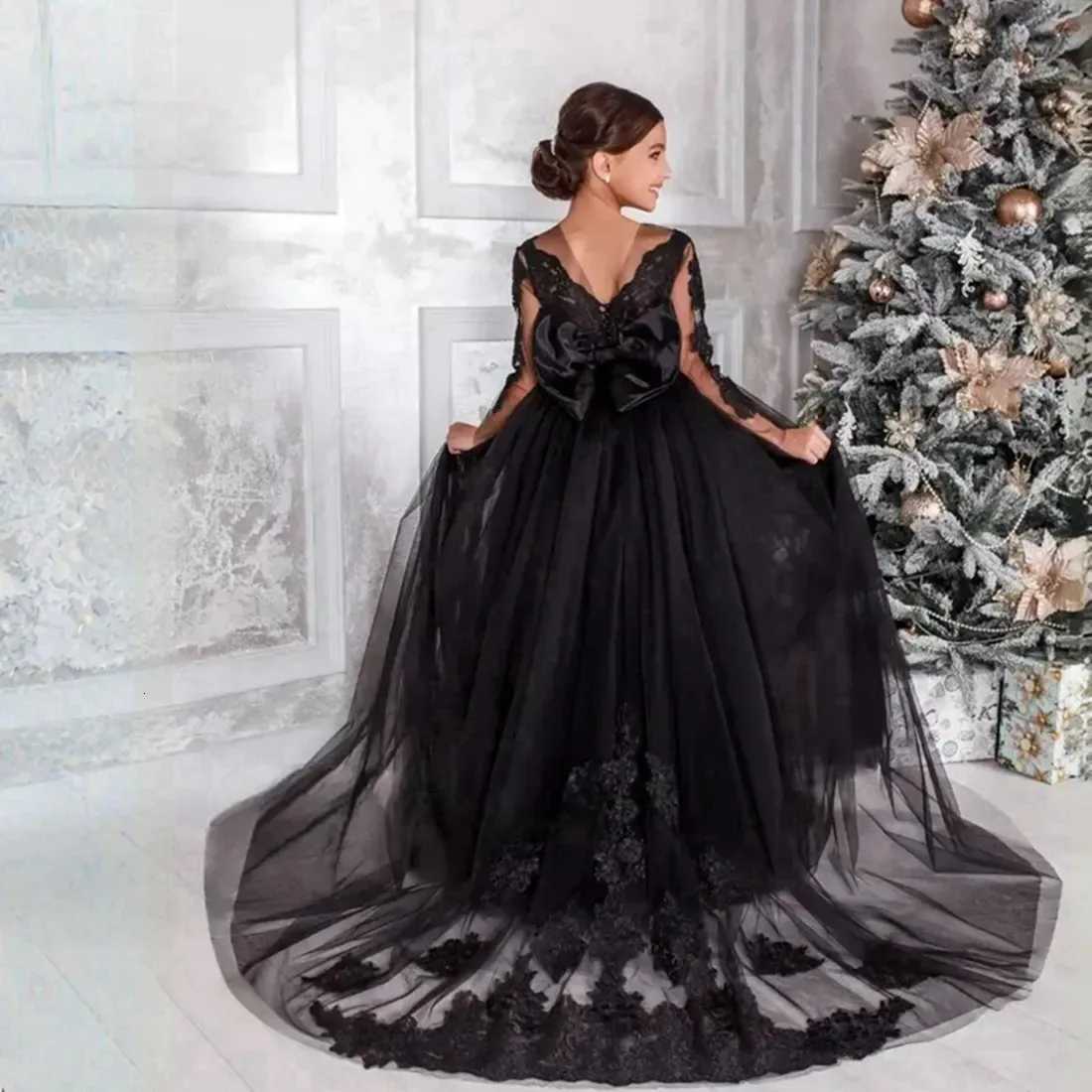 Black Flower Girl Dresses for Wedding Tulle Lace Appliques Full Length Girl Kids Birthday Ball Gown First Holy Communion Gowns Z250926