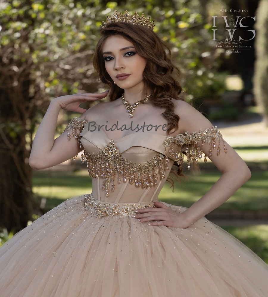 Glamorous Champagne Quinceanera Dress With Beaded Off Shoulders Lace Vestidos De Xv 15 Quinceanera Party Sweet 16 Dress 2025 Ball Gown Birthday Dress