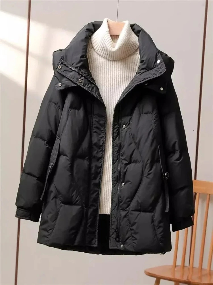 White Duck Down Jacket Women Warm Midlength Puffer Jacket 2025 Autumn Winter Fashion Casual Hooded Duck Down Coat Female 250917