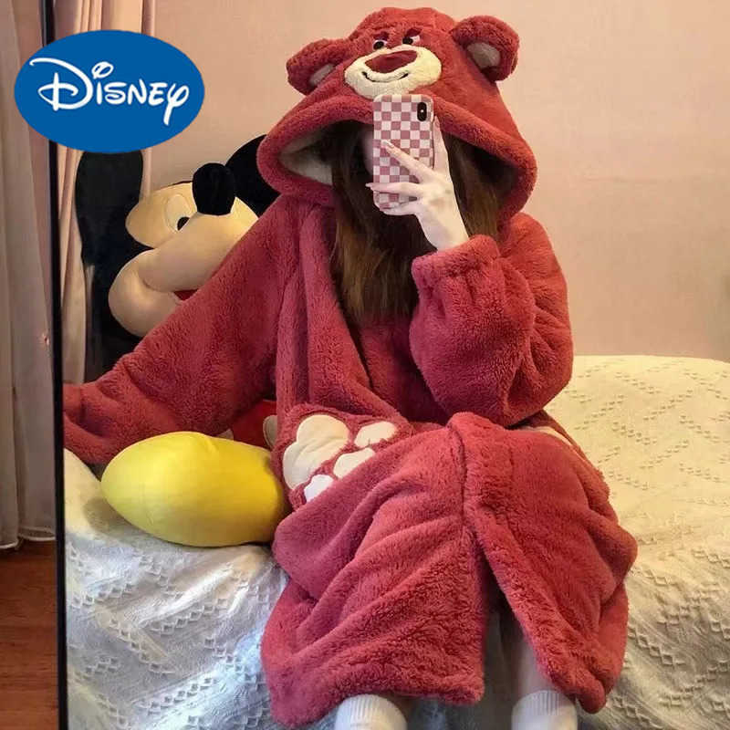 Disney Lotso Plush Robe Sleepwear Women Winter Coral Velvet Flannel Warm Pajama Set Girls Hooded Hood Nightgown Set H250926