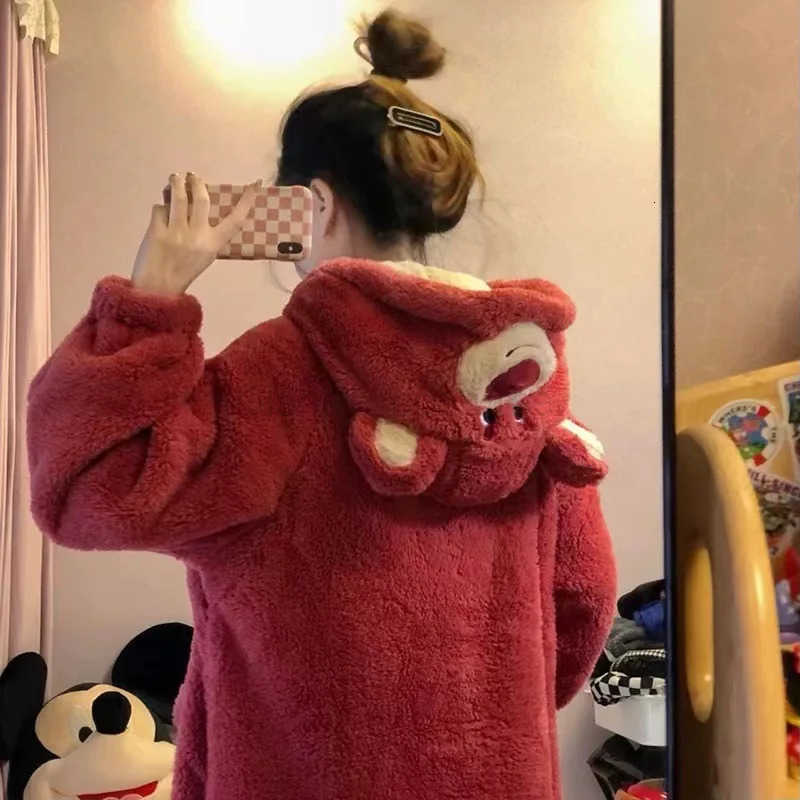 Disney Lotso Plush Robe Sleepwear Women Winter Coral Velvet Flannel Warm Pajama Set Girls Hooded Hood Nightgown Set H250926