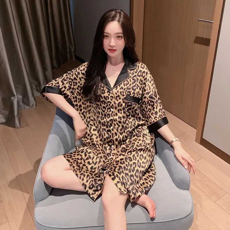 Spring and Summer New Ladies Ice Silk Ins Korean Pajamas Homewear Suit Sexy Leopard Print Pajamas Girls Nightgown Homewear Z250925