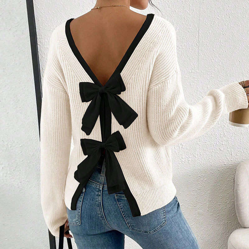 Autumn and Winter New Sweater Women's fashion Back Bow Decoration Round Neck Pullover Knitwear