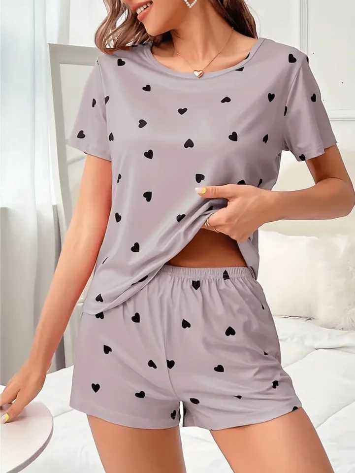 2Piece Womens Love Print Knit Fashionable Soft Short Sleeve and Shorts Sleepwear Set for Comfortable Home Wear Z250925