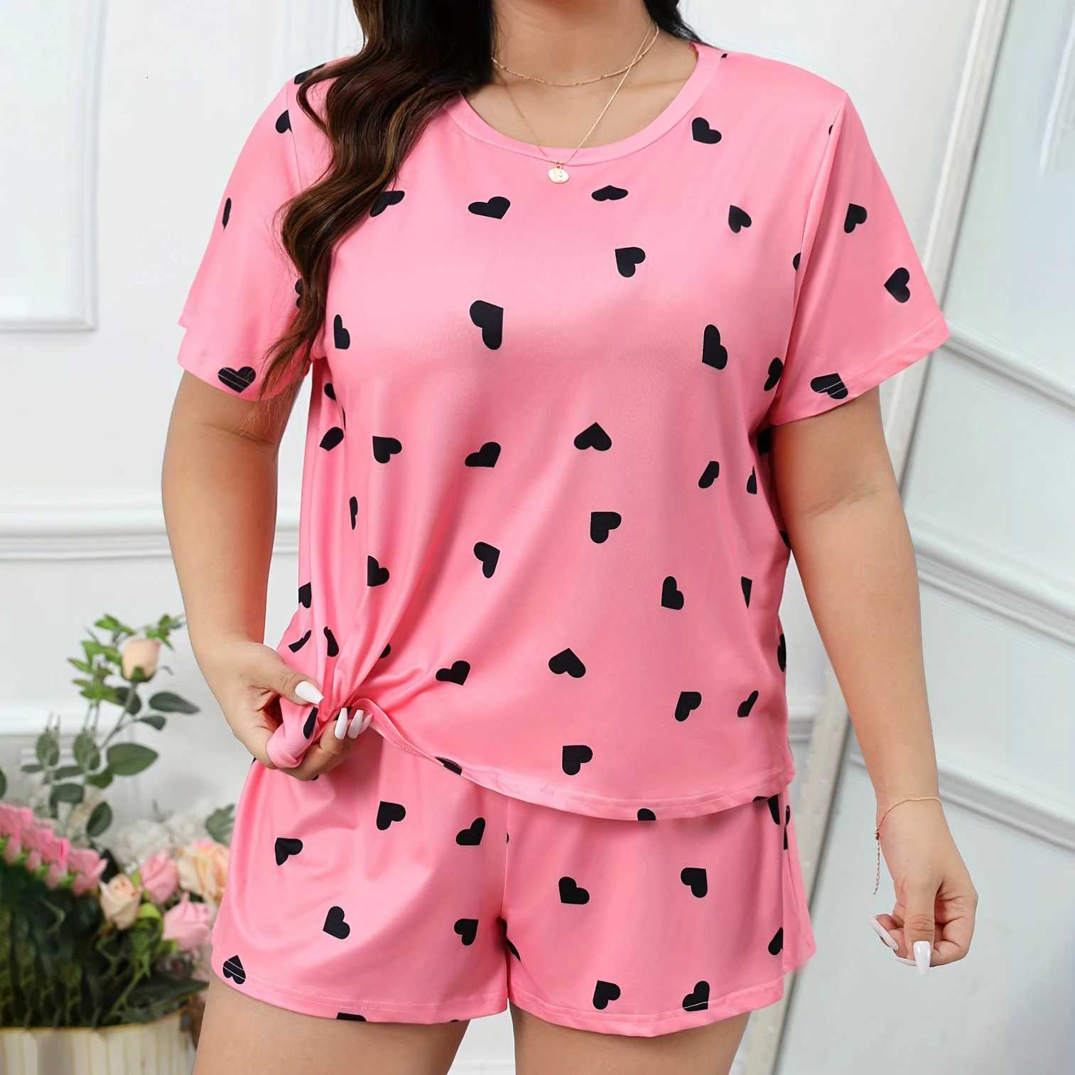 Plus Size XL5XL Oversized Sleepwear Round Neck Womens Pajamas Sets Short Sleeve TShirt Shorts Pink Heart Print Loungwear 2PC Z250925