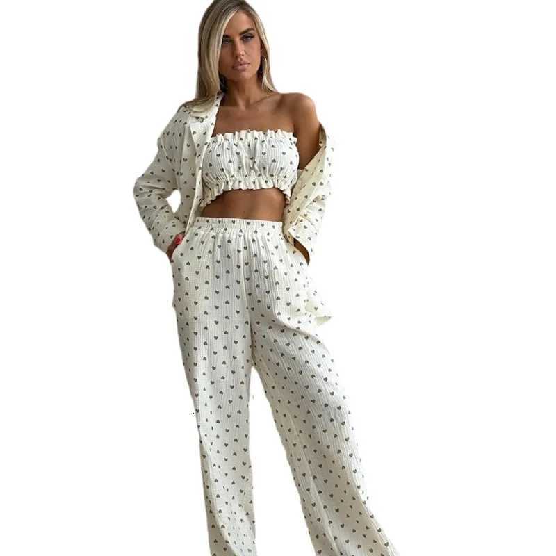 Printed Cotton Womens Pajama Set Strapless Pajamas Long Sleeve Pajamas Lapel Pajamas Long Pants Pajamas 3 Piece Suit Z250925