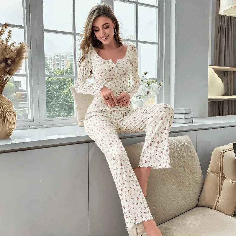 Sleepwear Women Floral Print Lettuce Trim Top with Long Pant Lovely Loungewear Full Sleeve Nightwear Spring Autumn Pajamas Set Z250925
