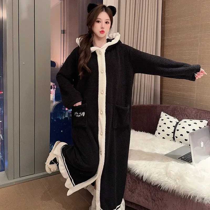 Hooded Nightgowns Women Coral Fleece Nightwear Chic Homewear Panelled Korean Fashion Single Breasted Daily Winter Cozy Sleepwear Z250925