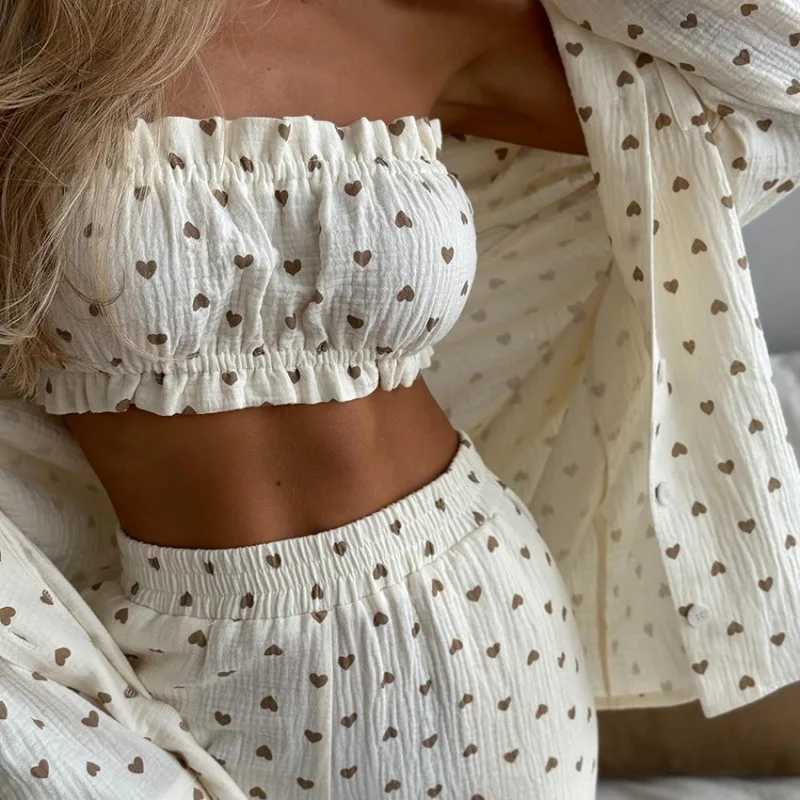 Printed Cotton Womens Pajama Set Strapless Pajamas Long Sleeve Pajamas Lapel Pajamas Long Pants Pajamas 3 Piece Suit Z250925