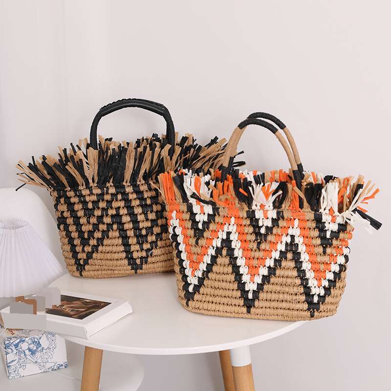 Retro Straw Loose Edge Hand Held Colorblock Woven Seaside Holiday Beach Women's Bag
