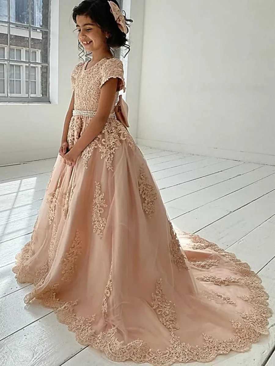 Girls Princess Flower Girl Dresses for Wedding With Bowknot Beaded Appliques Pageant Dress Kids Long Train Wedding Party Gowns Z250926