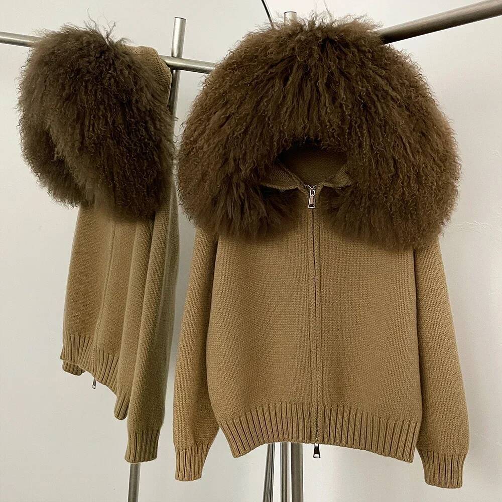 Cardigan Natural Fox Coat Women Real Mongolian Knitwear Female Spring Autumn Hooded Knitted Fur Jacket