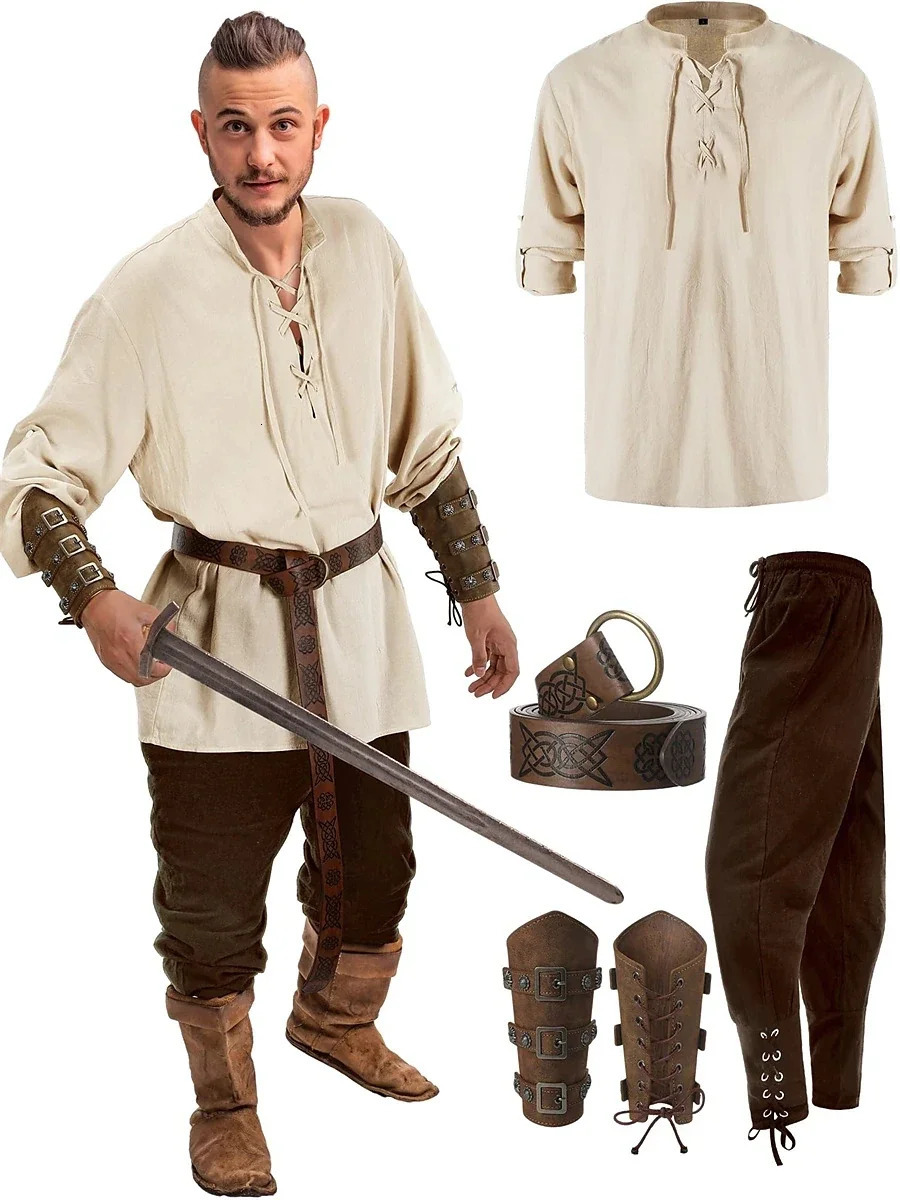 Retro Vintage Medieval Renaissance Pants Outfits Waist Belt Shirt Arm Guards Pirate Mens Cosplay Costume Halloween250920