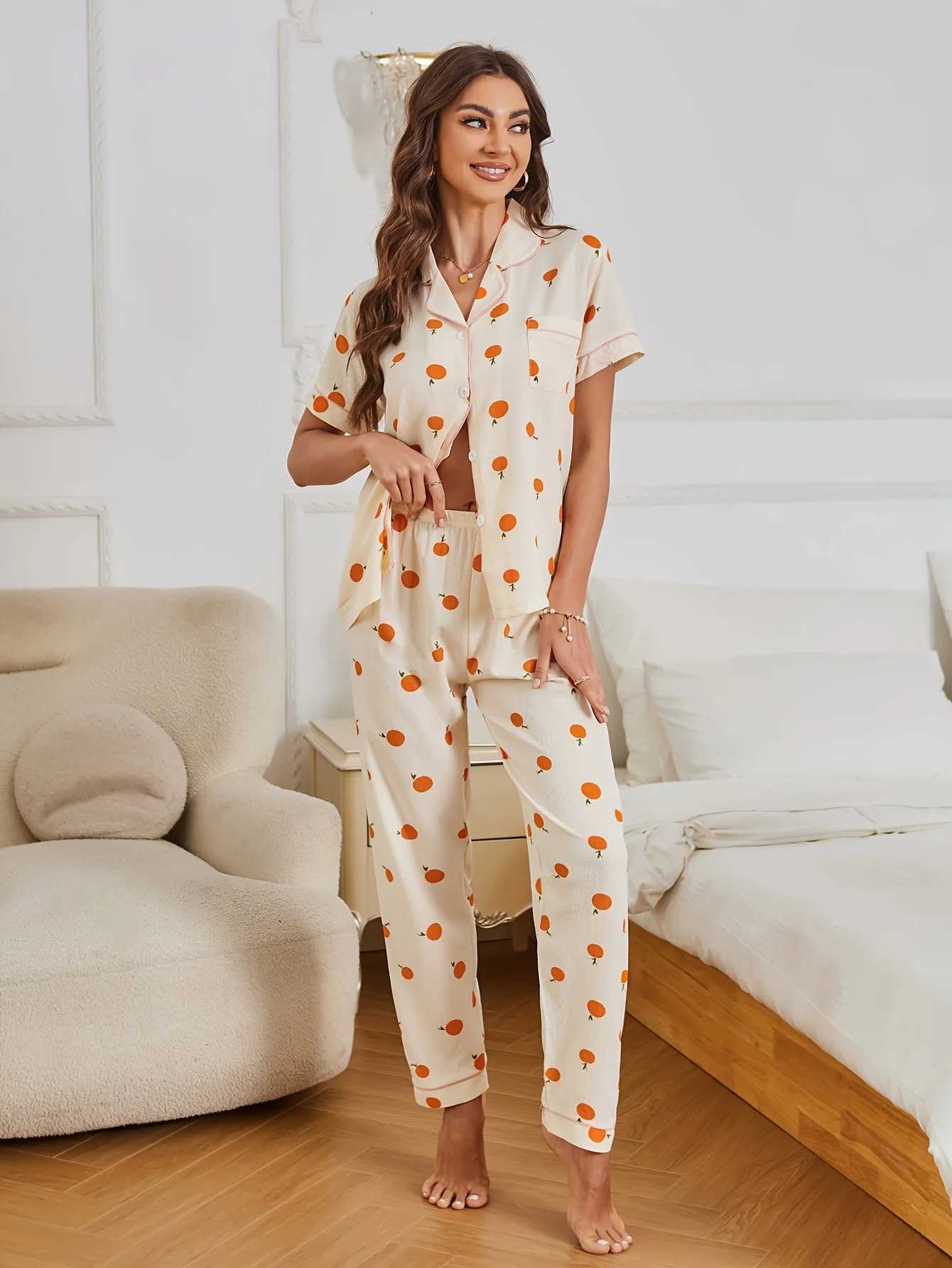 Allover Orange Print Pajama Set Casual Short Sleeve Buttons Lapel Top Elastic Pants Womens Sleepwear Z250925