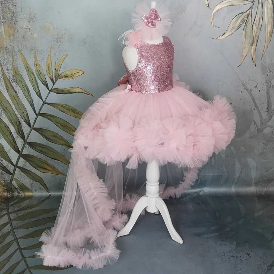 Customized Pink Flower Girl Dress Tulle Puffy Tiered Sequin With Bow And Trailing For Wedding Birthday Prom Party Banquet Gown Z250926