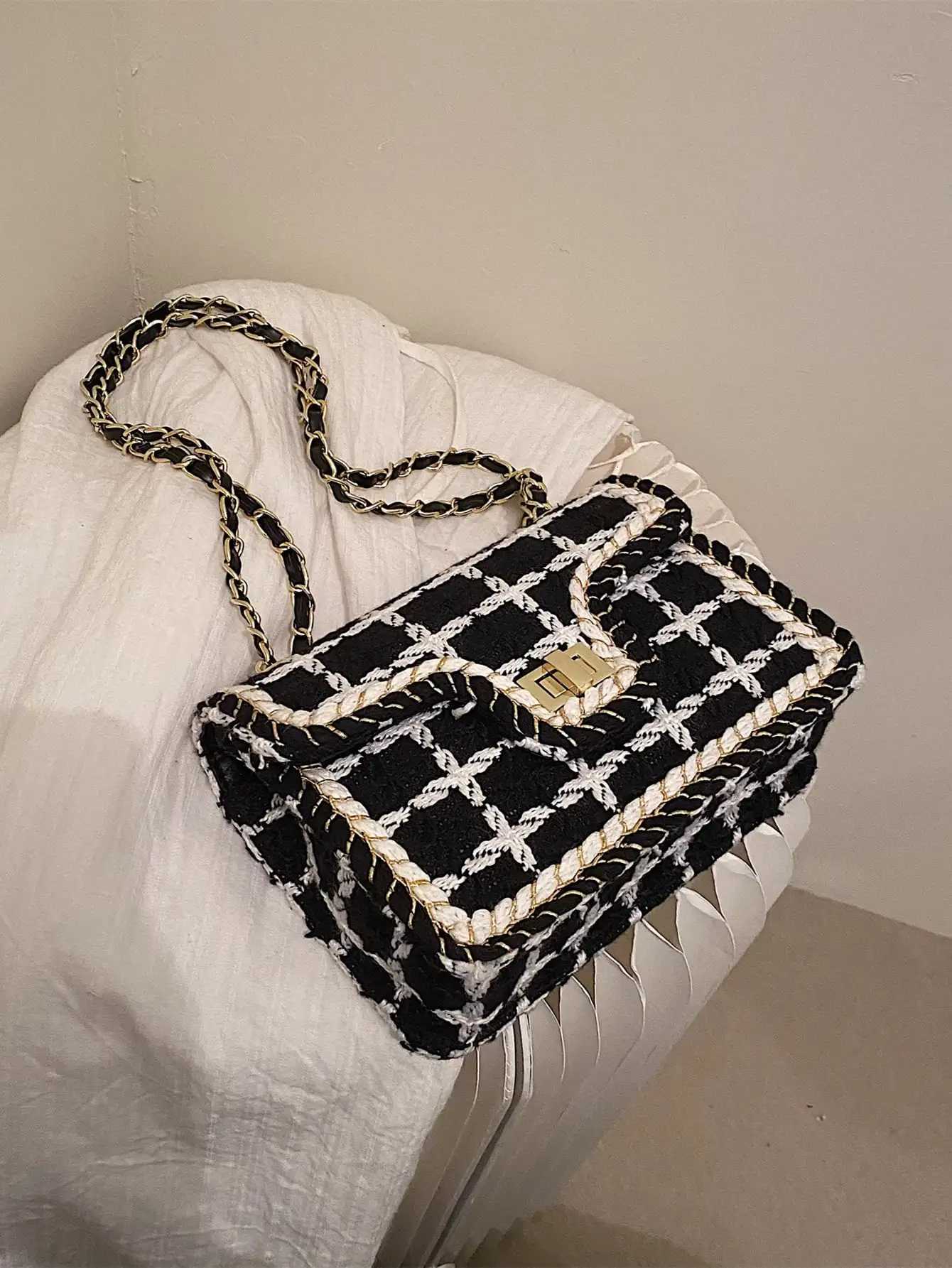 Black White Plaid Casual Shoulder Bag Crossbody Handbag Womens Shoulder Bags Handbags With Top Handle Fashion Square Bag Z250926