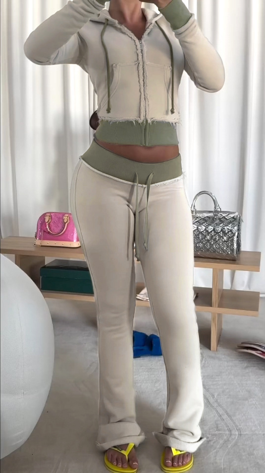 Leosoxs Patchwork 2 Piece Set Tracksuit Women Zip Wide Waist Crop Hooded Pocket Jacket Sporty Pants Matching Casual Basic Suit 250712