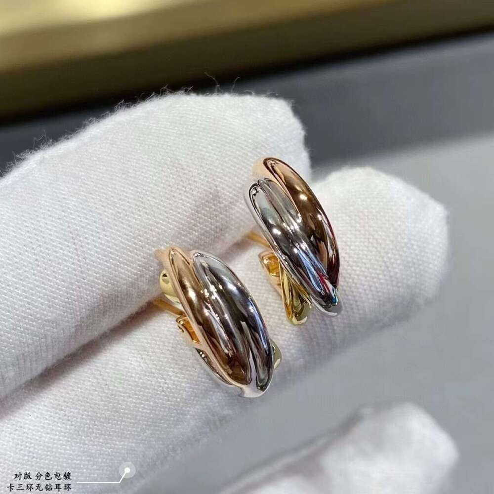 New Three-ring Three-color Earrings Glossy Pure Copper Gold-plated Hoop Small Lobe Couple Ear Stud Jewelry