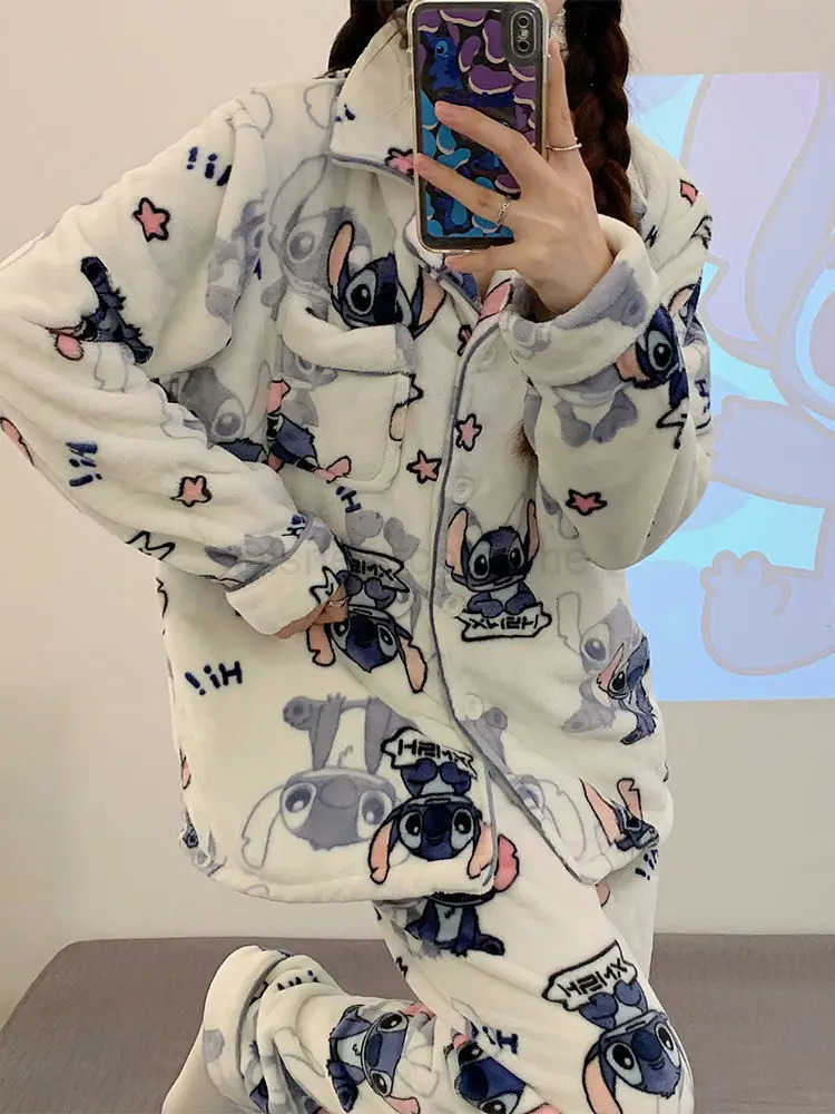 Disney New Stitchthemed Plush Fluffy Sleepwear Pajamas Womens Autumn and Winter Flannel Thickened and Velvet Home Casual 2 Pcs Set H250926