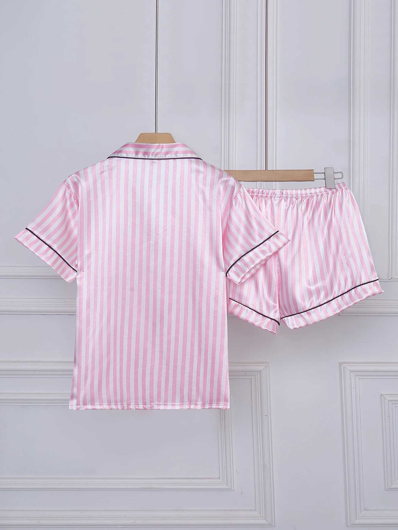 Striped Embroidered Letter Pocket Short Sleeve and Shorts Pajama Set Casual Satin Sleepwear with Lapel Collar and Button Detail Z250925