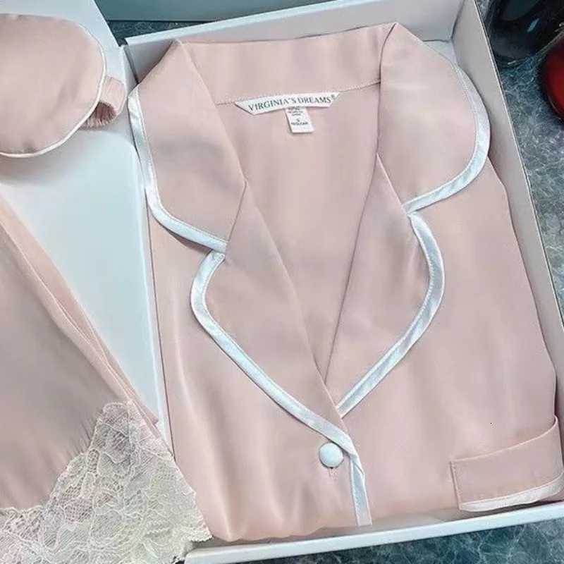 Spring Autumn New Ice Silk Soft Pajama Sets for Women Lace Lapel Cardigan Outfits for Women 2 Piece Set Sweet Pink Women Pajama Z250925