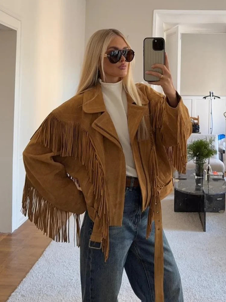 Chic Tassels Patchwork Brown Suede Jacket Women Elegant Lapel Full Sleeves Zipper Loose Coat Autumn Fashion Female Street Wear 250922 - view 3
