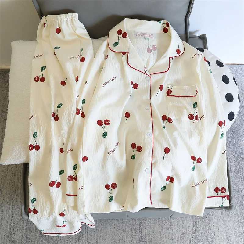 Cherries Print Two Pieces Pajamas Set Autumn Faux Cotton Pajamas Korean Fashion Home Clothes Ladies Pants and Top Set Pijamas Z250925
