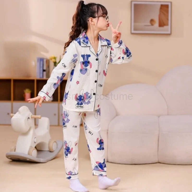 Disney LiloStitch Long Sleeved Pajamas Set Anime Cartoon Characters Stitch Printed Accessories Kawaii Childrens Home Clothing H250926