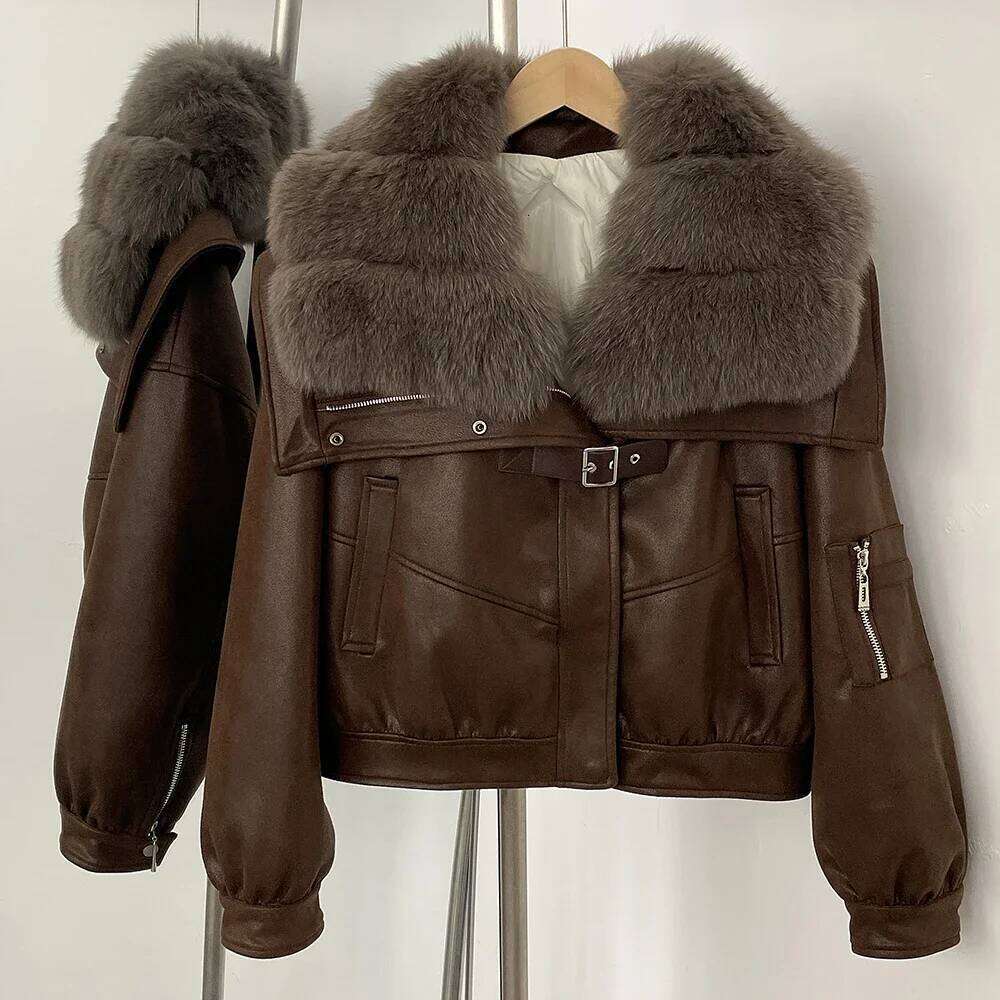 Winter Natural Fox Fur Collar Short Women Clothing Fluffy Puffer Suede Female Jacket Thick Duck Down Coat