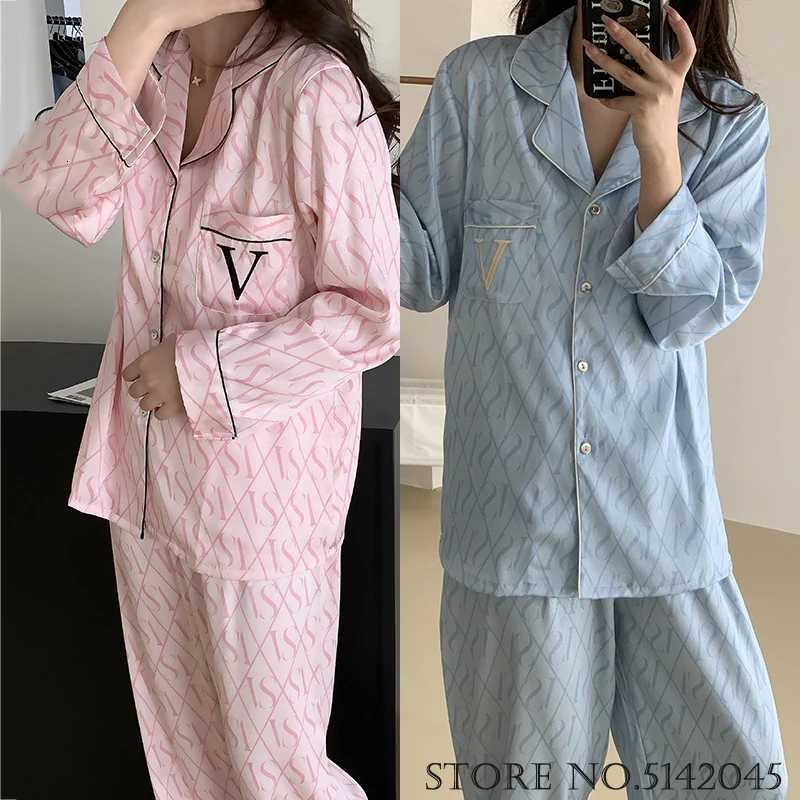 Loose Satin Home Clothes Spring Autumn Pajamas Nightwear Print V Lounge Wear Two Piece Set Print Long Sleeve Trouser Nightwear Z250925