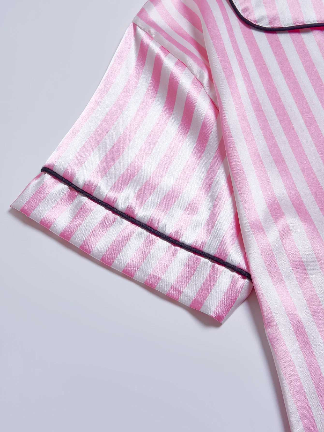 Striped Embroidered Letter Pocket Short Sleeve and Shorts Pajama Set Casual Satin Sleepwear with Lapel Collar and Button Detail Z250925