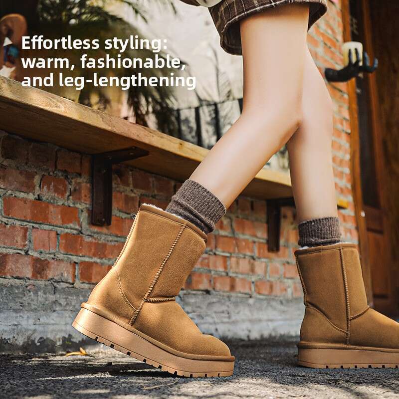 Sheepskin Thick-Soled Snow Boots for Women, Mid-Calf, Warm Fleece-Lined Winter New Cotton Shoes designer shoes