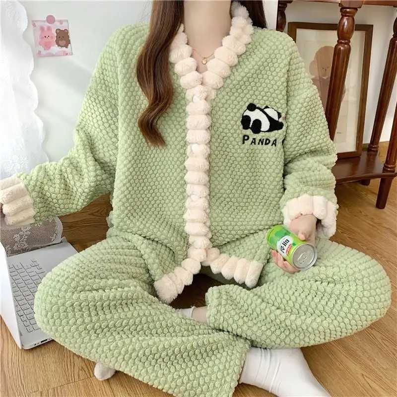 Women Cardigan Thicken Warm Coral Velvet Pajamas Set Color Block Flowers Sleepwear Flannel School Pajamas Womens Sweet Homewear Z250925