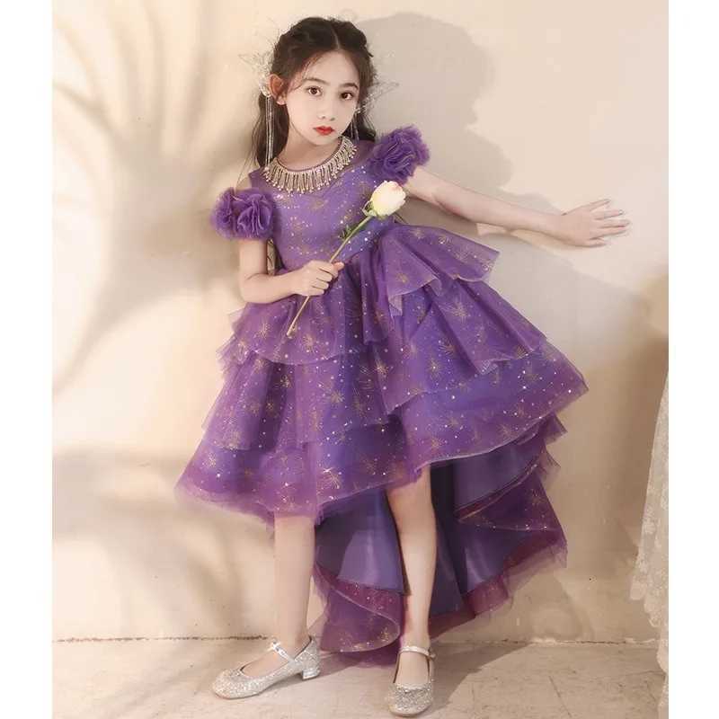 New girl purple dress sweet front short back long sweet princess dress host flower girl wedding piano performance dress Z250926