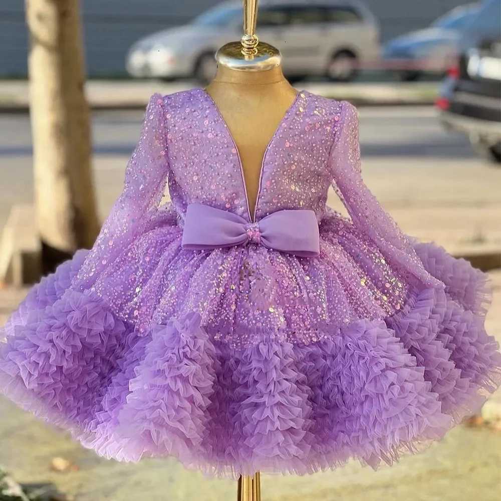 Luxury Child Girl Wedding Dress Bow Purple Party Dresses Beads Tiered Tulle Sleeves Puffy Flower Girl Dresses For Weddings Z250926