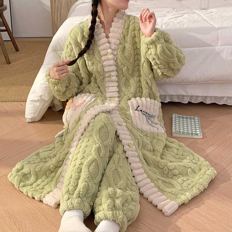 Girls Plus Size Robes With Pants Flannel Sleepwear Womens MidLength Home Clothes Flower Warm Style Autumn Winter Loungewear Z250925