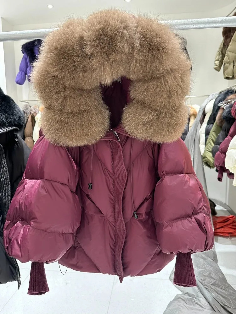 OFTBUY 2025 Winter Large Real Fur Hooded Puffer Jacket Women Thicken Warm Knitted Sleeve Coat White Duck Down Mid Long Parka 250922