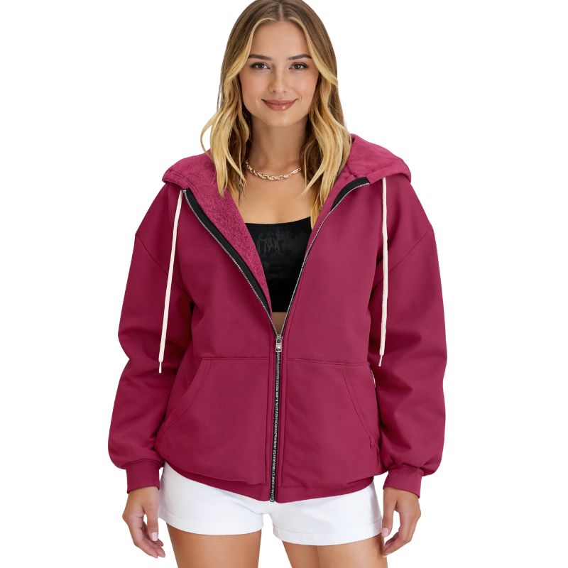 Women's Autumn & Winter New Solid Color Fleece - Lined Hooded Sweatshirt Jacket, Zipper Plus Size Casual Fashion Outerwear-YL23463