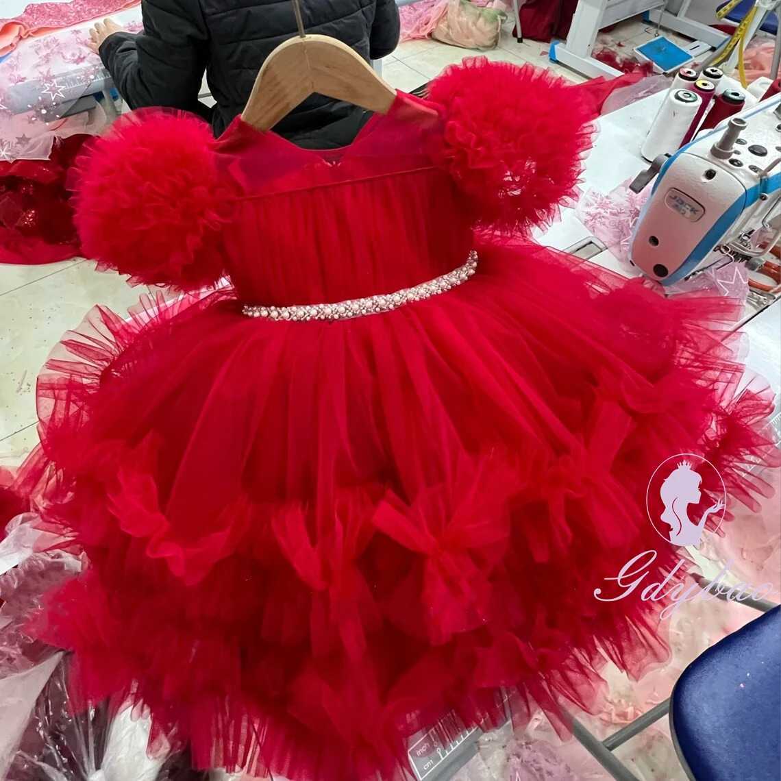 Customized Red Flower Girl Dress For Wedding Puffy Tulle Short Style Mini Kids Birthday Party Baby First Communion Ball Gown Z250926