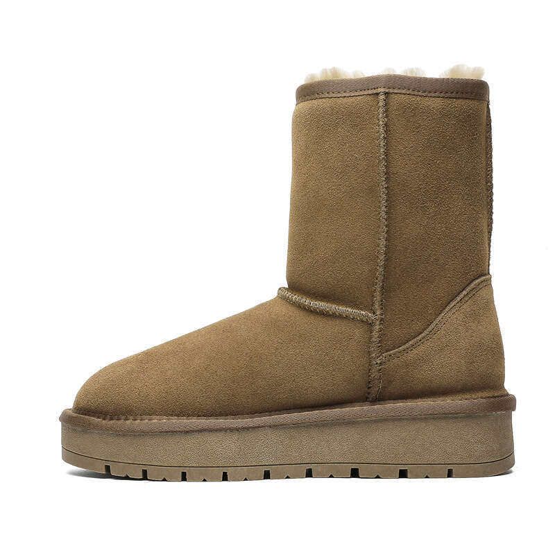 Sheepskin Thick-Soled Snow Boots for Women, Mid-Calf, Warm Fleece-Lined 2024 Winter New Cotton Shoes