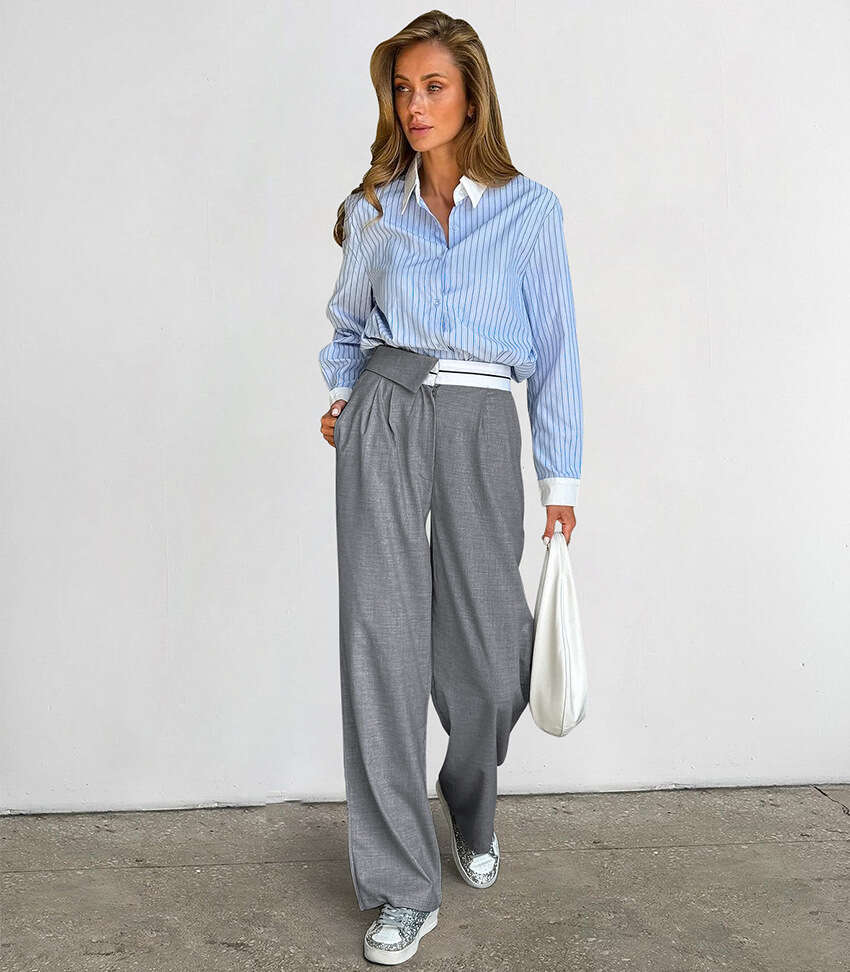 Design Sense Color-Block Gray Casual Suit Pants for Women Autumn Deconstructed Straight-Leg Trousers 2025 Women's Fashion
