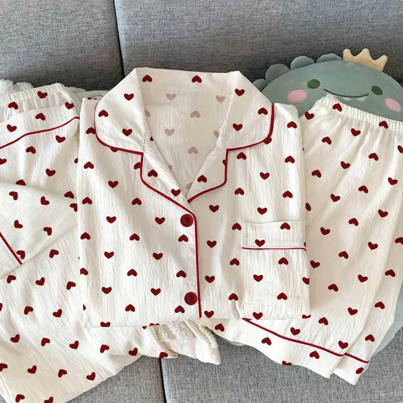 Women Summer Pajamas Threepiece Set Leisure Sleepwear Short Sleeve Lapel Sweet Heart Print Homewear Female Loose Loungewear Z250925