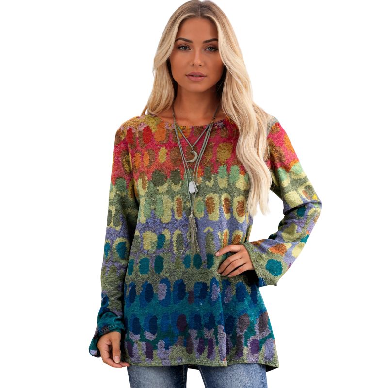 Women's Spring & Autumn New Colorful Printed Top Casual Versatile Round Neck Long - Sleeve Milk Silk Blouse-YL23482