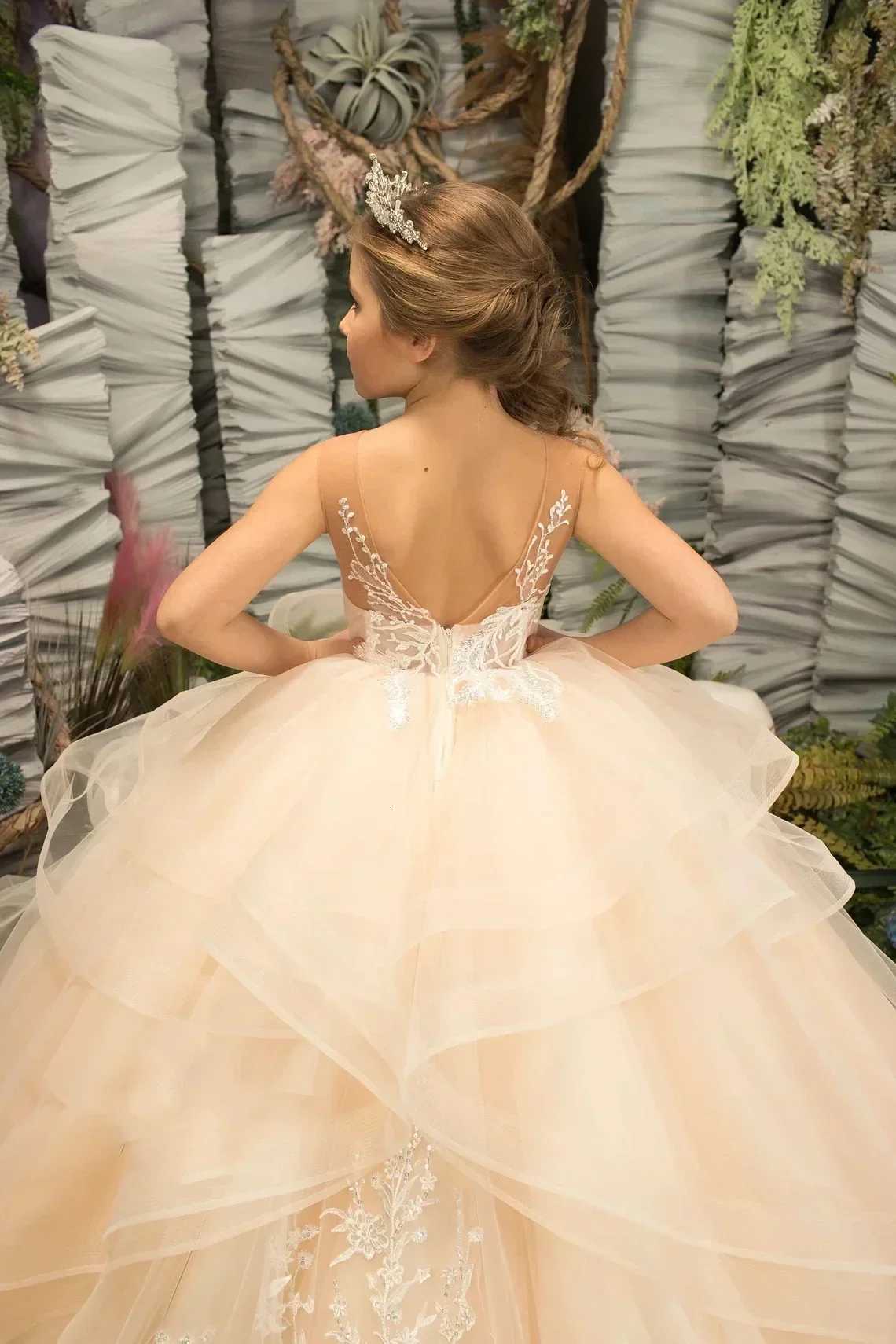 Light Champagne Flower Girl Dresses for Weddings Long Appliques Tulle Princess Birthday Party Dress Formal Evening Ball Gown Z250926