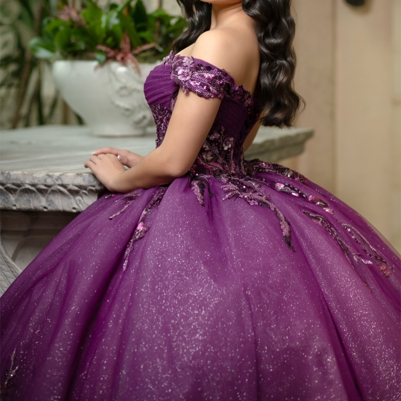 Purple Shiny Quinceanera Dresses Off The Shoulder Applique Lace Beading Crystal Corset Tull Party Birthday Sweet 16 Dress Vestidos 15 De Anos