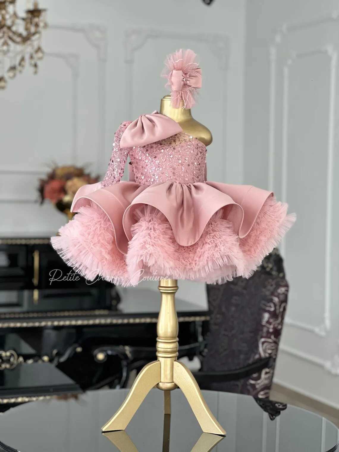 Puffy Short Glitter One Shoulder Toddler Birthday Party Dresses Lavender Tulle Bow First Pageant Princess Flower Girl Dresses Z250926