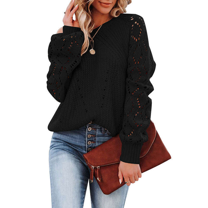 Autumn Winter New Hollow Pattern Knitted Sweater Round Neck Solid Color Loose Fashion Pullover