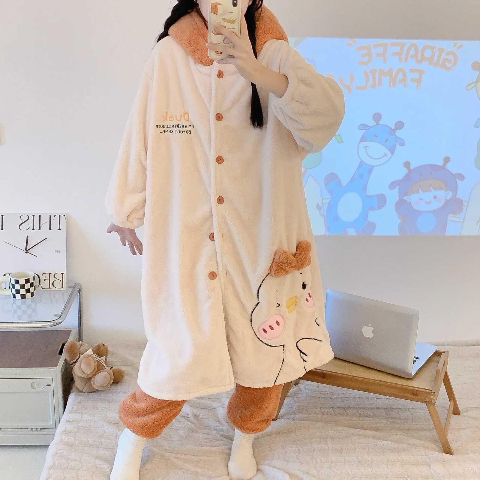 Winter Coral Fleece Warm Sleepwear Womens Pajamas With Pants Nightgown Kawaii Casual Hooded Homewear Robe Plush Bathrobe Sets Z250925